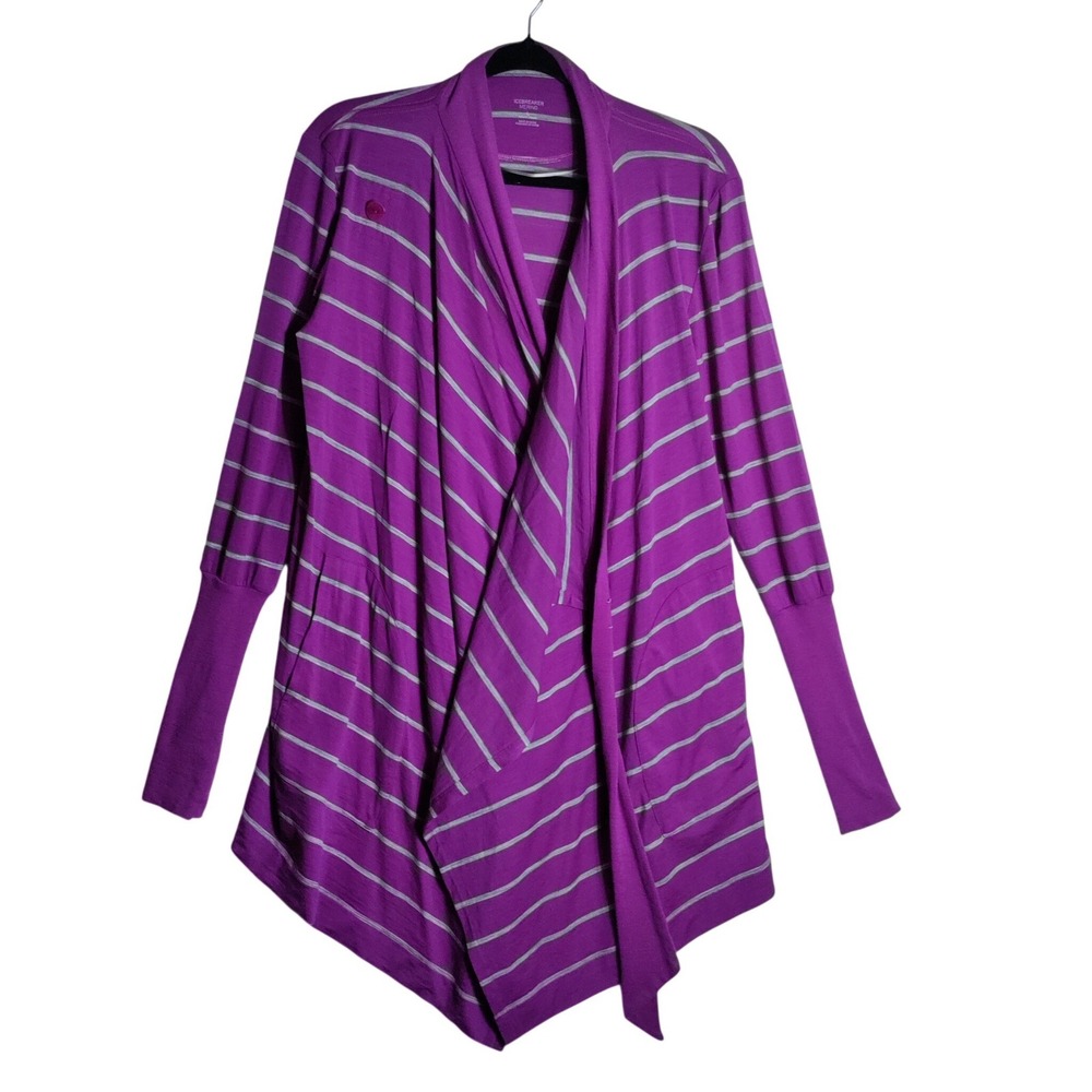 Icebreaker Merino Purple Striped Draped Open Front Cardigan Sweater Womens Large